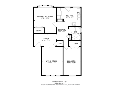 Floor plan for 2 beds, 1 bath, 926 sqft
